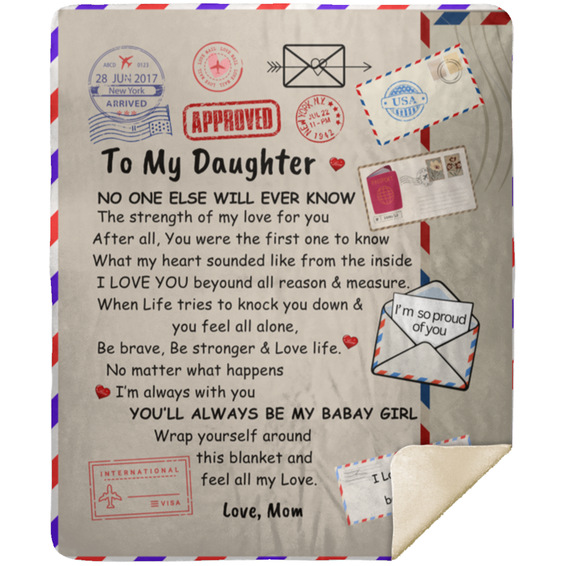 To my Daughter Fluffy Sherpa Blanket 50x60 Envelope Pattern Blanket for Daughter - Soft Flannel Blanket with Mother's Words - Perfect for Bed, Couch, Sofa, Camping, and Office - Ideal for All Seasons