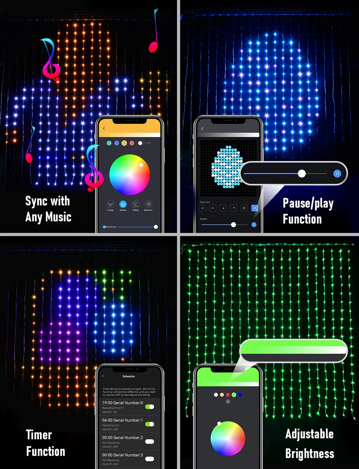 400LEDs Smart Curtain Lights Bluetooth App LED String RGB Fairy Lights DIY Music Change Display for Window Bedroom Decoration