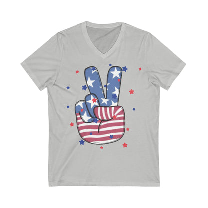 American Peace Hand  - Unisex JERSEY Short Sleeve V-Neck Tee | 4th of July Outfit | Patriotic Graphic Tee | Independence Day Unisex Jersey Short Sleeve V-Neck Tee | Let Peace Ring.