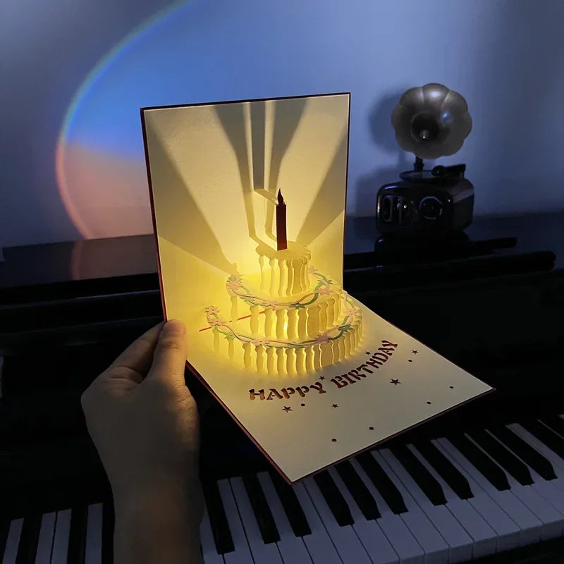 3D Light Music Birthday Card Pop up Cake Creative Greeting Card Happy Birthday Party Gift Message Cards