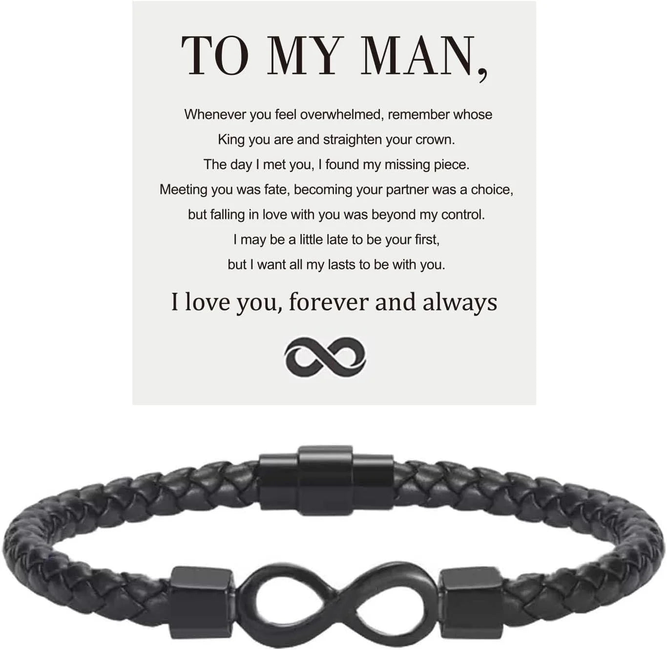 To My Man, Infinity Leather Bracelet Husband Gifts from Wife I Love You Forever and Always Bracelet Boyfriend Anniversary Birthday Christmas Fathers Gifts for Men