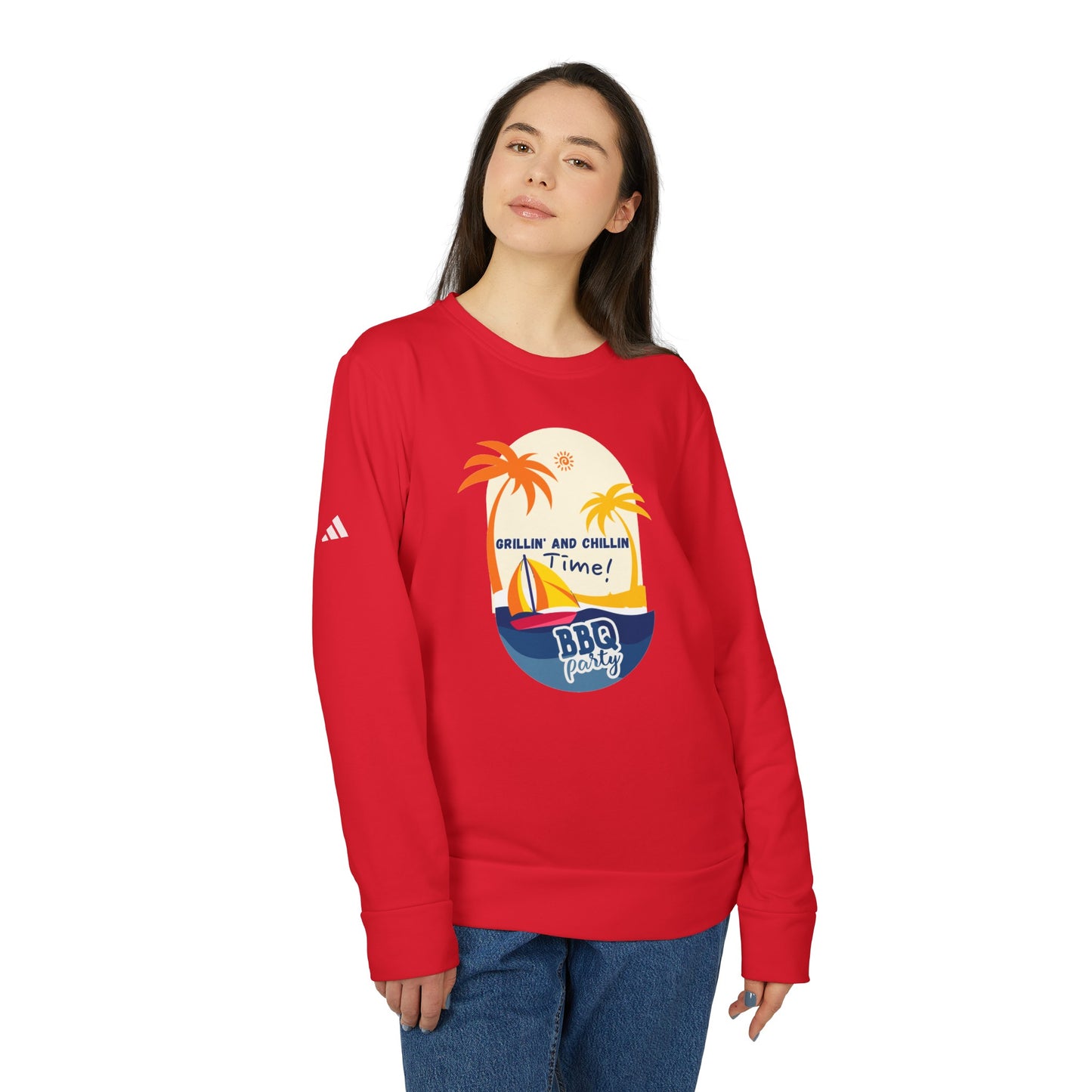 Grillin & Chillin time - adidas® Unisex Fleece Crewneck Sweatshirt | 4th of July | Patriotic adidas® Unisex Fleece Crewneck Sweatshirt | Summer Crewneck Sweatshirt | Comfort & Designer Unisex Fleece Crewneck Sweatshirt | Gift idea for Independence Day.