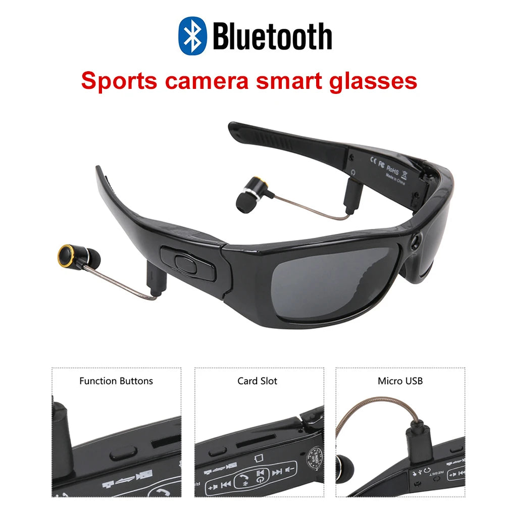 HD 1080P Mini Camcorder Glasses Camera with Bluetooth Headset Polarized Sunglasses Sports Camera Driving Cycling Video Recorder