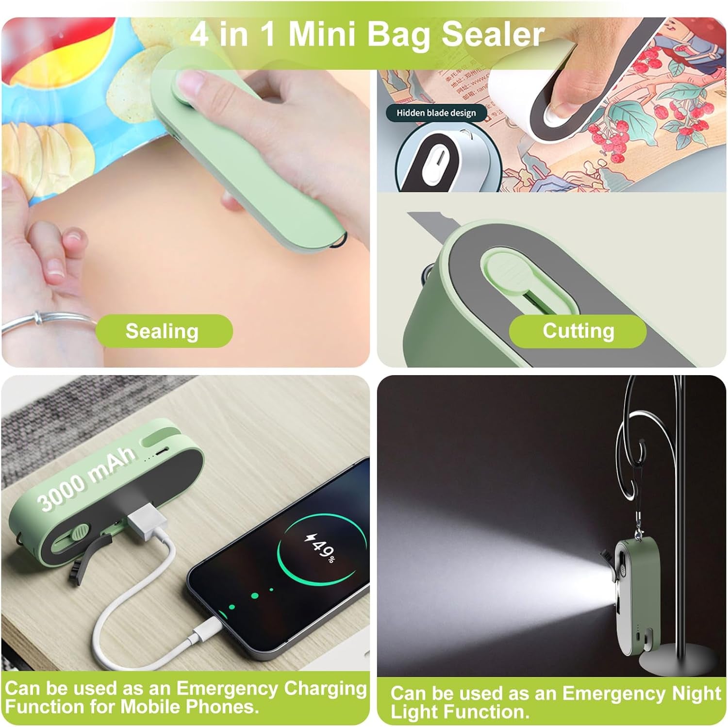 4 in 1 Mini Bag Sealer, Bag Sealer Heat Seal with Cutter, USB Rechargeable Chip Bag Sealer Heat Seal, Portable Bag Resealer for Plastic Bags Snacks & Food Storage,Green