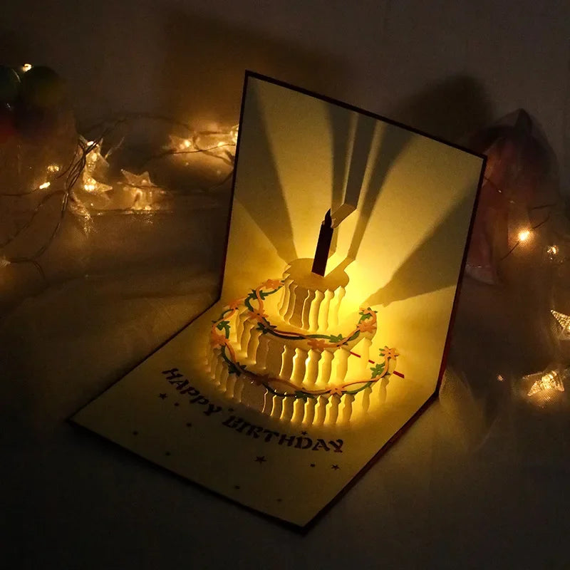 3D Light Music Birthday Card Pop up Cake Creative Greeting Card Happy Birthday Party Gift Message Cards