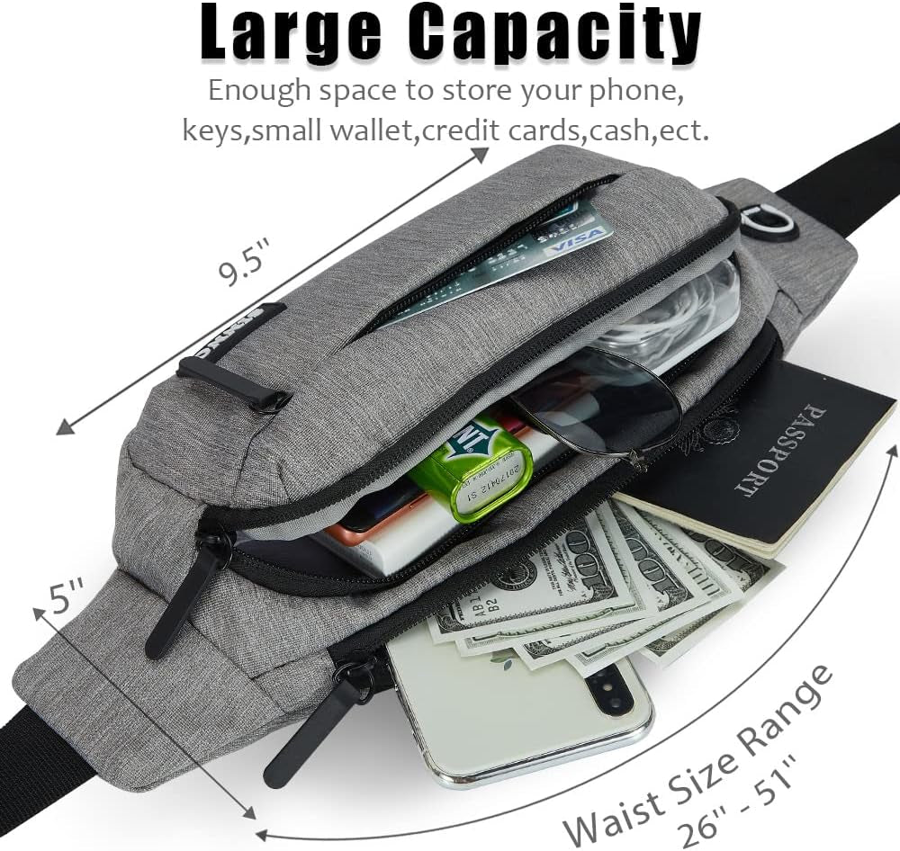 Large Crossbody Fanny Pack for Women Men Belt Bag with 4-Zipper Pockets for Travel Running Hiking Workout Dog Walking Outdoors Sport Fishing Waist Pack Bag Carrying All Phones