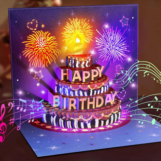 Birthday Cards Fireworks Pop up Cake Light and Music Happy Birthday Card Gift for Women, Men, Mom, Grandma